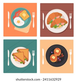 Set of top view breakfasts. Bacon, egg and toast. Sandwiches with vegetables and sausages. Healthy and traditional morning eating. Cartoon flat vector collection isolated on white background