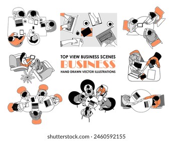 Set of top view Business scene vector outline illustrations on white background. Collection of men, women, business team working together, taking part in business activities, meeting, discussing.