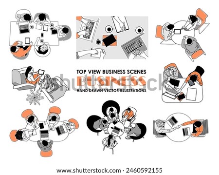 Set of top view Business scene vector outline illustrations on white background. Collection of men, women, business team working together, taking part in business activities, meeting, discussing.