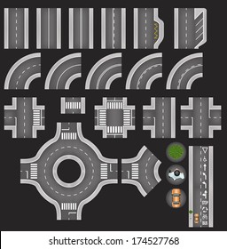 Set Of Top View City Road Tiles, Overhead Road Elements