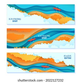 Set of top view cloudy landscape banners in paper cut style. Eco tourism 3d flyers with aerial view river autumn trees and kayak boat. Vector card illustration of extreme rafting sport papercut art