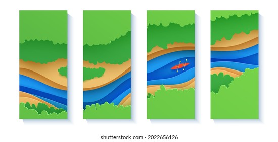 Set of top view cloudy landscape banners in paper cut style. Eco tourism 3d flyers with aerial view river summer trees and kayak boat. Vector card illustration of extreme rafting sport papercut art.