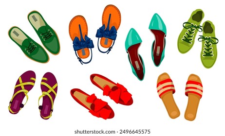 Set, top view of colored shoes in cartoon style.Vector illustration of different types of shoes with design: sneakers with laces, sandals with straps, bows,slippers,heels isolated on white background.