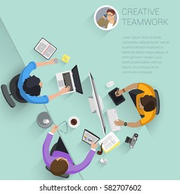 Set Of Top View Flat Design Vector Office People Different Characters, Styles And Professions. Creative Teamwork Process, Diverse Acting Poses Front And Back View Collection