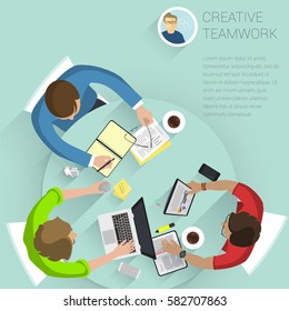 Set of top view flat design vector office people different characters, styles and professions. Creative teamwork process, diverse acting poses front and back view collection