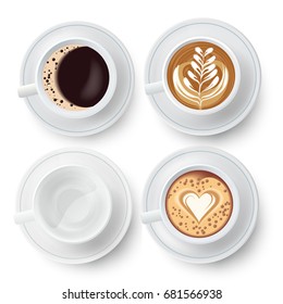 Set with top view of four similar white isolated cups of coffee with various latte art barista symbols on plates with shadows vector illustration