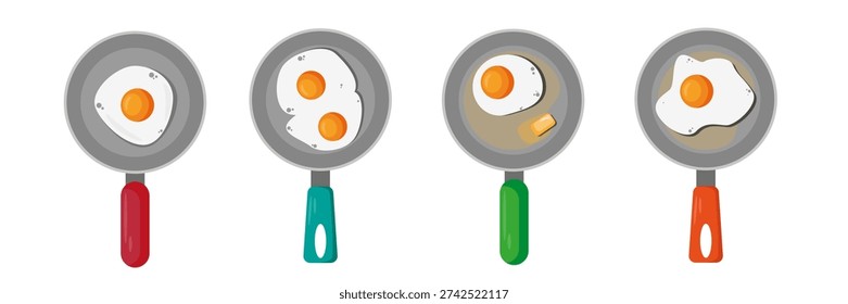 Set of top view of frying pans with eggs in cartoon style.Vector illustration of frying pan with colorful handles, fried chicken eggs, protein, yolk, butter isolated on white background.Scrambled egg.