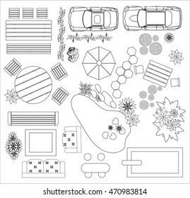 Set of top view interior. Different variants of furniture for garden and garage