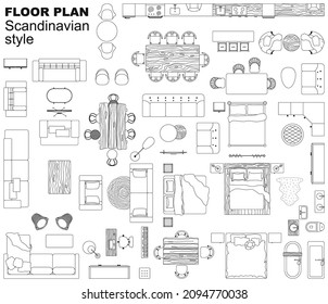 Set top view for interior icon design. Floor plan.
Architecture plan with furniture in top view. The layout of the apartment, technical drawing  kitchen, living room and bedroom. Vector Illustration.