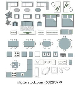 Set Top View For Interior Icon Design. Elements For Living Room, 
Bedroom, Kitchen, Bathroom. Floor Plan. Furniture Store. Vector Illustration.