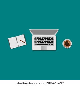 Set of top view laptop and pencil with notepad on workplace. vector design illustration.