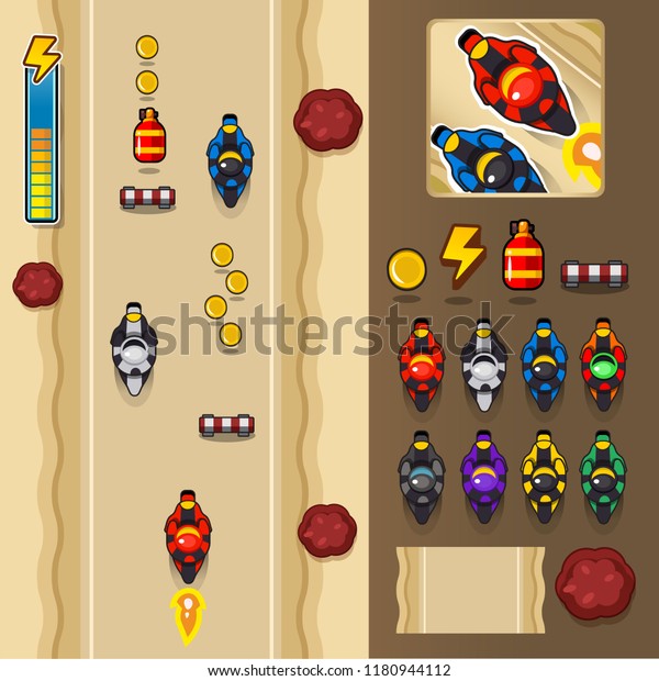Set of top view\
motorcycle game, racing game, Concept art. Complete project for \
application or mobile\
game\

