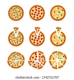 Set of Top view pizza  with various ingredients. Whole pizza. Vector illustration isolated on white background.