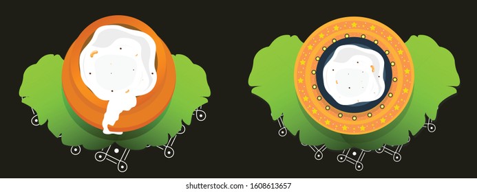 Set of Top view pongal rice in mud pot sugarcane and banana leaves on black background for Happy Pongal celebration greeting card design.