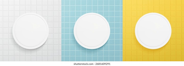 Conjunto de escena de vista superior con pedestal de círculo blanco y azulejos. Espacio vacío para el producto cosmético. Mínima pantalla de maqueta con podio. Fondo blanco, azul y amarillo. Ilustración vectorial realista