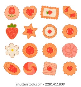 Set of top view strawberry cookies isolate on white background. Vector graphics.