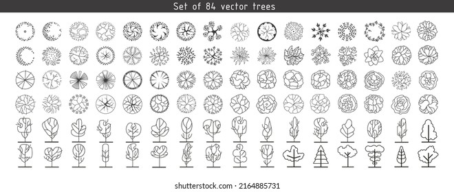 Set of top view trees. Entourage design. Various trees, bushes, and shrubs, top view for the landscape design plan. Vector illustration.