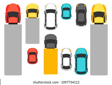 Set of top view various cars. Trucks, sedans and other transport.