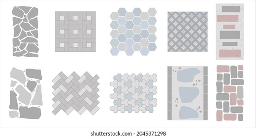 Set of top view vector street pavements or park sidewalk road pattern street tile. Floor tiles with rock, brick and cobble stone texture. Mosaic ground tiles. Stone floor architecture material block - Shutterstock ID 2045371298