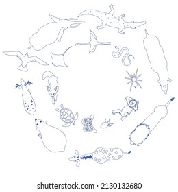 Set of top view wildlife animal illustration isolated blue outline. Stingray, flamingo, snake, tarantula, orangutan, insect, fox, turtle, giraffe, lion, rhino, crocodile, elephant, bird, deer, bear