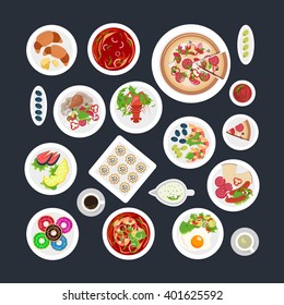 A set of top viewed plates in different sizes with various food vector illustration
