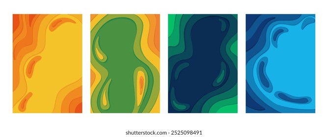 Set of Topographic abstract chromatic backgrounds with curve lines in paper cut technique. Vector vertical banners with copy space. Colorful carving art for maps.