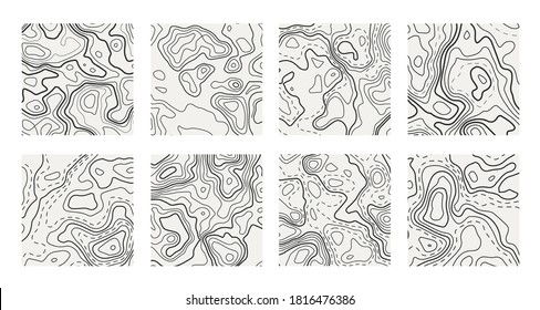 Set of topographic contour map on white background. Vector grid maps.