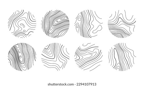 Set topographic line, strock map in view rings, circular geographic grid. Black an white landscape. Abstract design. Isolated pattern texture. Vector illustration