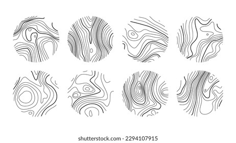 Set topographic line, strock map in view rings, circular geographic grid. Black an white landscape. Abstract design. Isolated pattern texture. Vector illustration