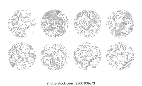 Set topographic line, strock map in view rings, circular geographic grid. Black an white landscape. Abstract design. Isolated pattern texture. Vector illustration