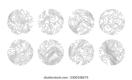 Set topographic line, strock map in view rings, circular geographic grid. Black an white landscape. Abstract design. Isolated pattern texture. Vector illustration
