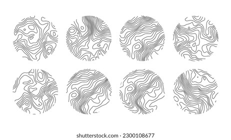 Set topographic line, strock map in view rings, circular geographic grid. Black an white landscape. Abstract design. Isolated pattern texture. Vector illustration