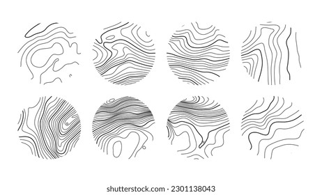Establece la línea topográfica, el mapa de trazo en los anillos de vista, la cuadrícula geográfica circular. El paisaje negro y blanco. Diseño abstracto. Textura de patrón aislada. Ilustración del vector