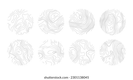 Set topographic line, strock map in view rings, circular geographic grid. Black an white landscape. Abstract design. Isolated pattern texture. Vector illustration