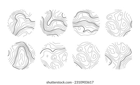 Set topographic line, strock map in view rings, circular geographic grid. Black an white landscape. Abstract design. Isolated pattern texture. Vector illustration