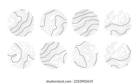 Set topographic line, strock map in view rings, circular geographic grid. Black an white landscape. Abstract design. Isolated pattern texture. Vector illustration