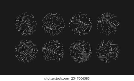 Set topographic line, strock map in view rings, circular geographic grid. White on black an landscape. Abstract design. Isolated pattern texture. Vector illustration