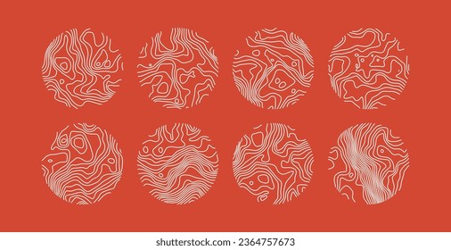 Set topographic line, strock map in view rings, circular geographic grid. White on red lines, landscape. Abstract design. Isolated pattern texture. Vector illustration