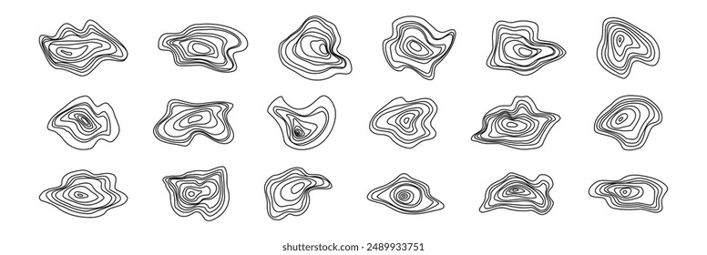 Set topographic lines. Organic textures of mountains. Abstract wooden round shapes. Vector scribbles on white background