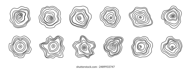 Topographische Linien festlegen. Texturen aus organischem Holz. Abstrakte runde Formen. Vektorgrafik Doodles auf weißem Hintergrund