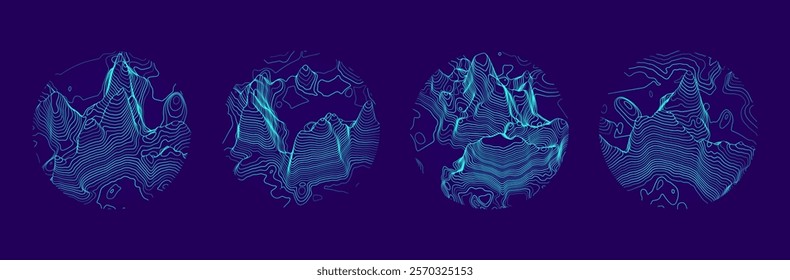 Set of topographic map circle patterns. Abstract background featuring mountain contour lines with varied textures and shapes. Vector illustration of elevation layers and landscape form.