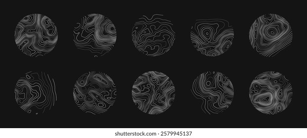 Set of topographic map circle patterns. Abstract background featuring mountain contour lines with varied textures and shapes. Vector illustration of elevation layers and landscape form.