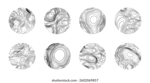 Set of topographic map circle patterns. Abstract background featuring mountain contour lines with varied textures and shapes. Vector illustration of elevation layers and landscape form.