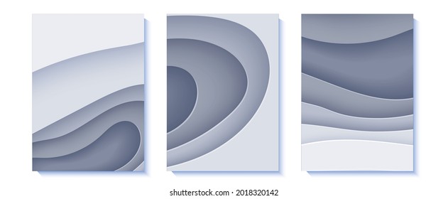 Set of topographic map flyers in paper cut style. Collection of 3d abstract banners with cut out waves. Grey color holes and mountains papercut art. Vector cover with origami smooth geometric shapes