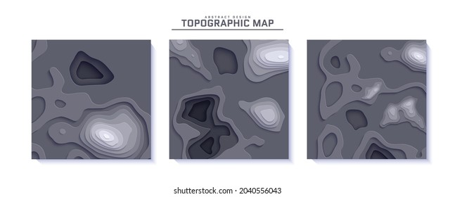 Set topographischer Kartenflyer im Papierschnitt-Stil. Sammlung von abstrakten 3D-Bannern mit ausgeschnittenen Wellen. Vektorgrafik mit Origami glatten geometrischen Formen. Dunkelgraue Farblöcher, Gebirgspaperschnitt-Kunst