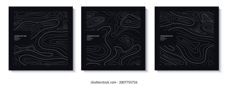 Set of topography flyers. Outline cartography landscape. Collection of three banners with topography relief map. Modern cover design with wavy lines. Vector illustration with weather outline pattern.