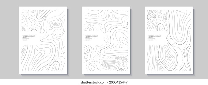 Juego de volantes topográficos. Esbozar el paisaje cartográfico. Colección de tres banners con mapa de relieve topográfico. Diseño de portada moderno con líneas onduladas. Ilustración vectorial con patrón de contorno meteorológico.