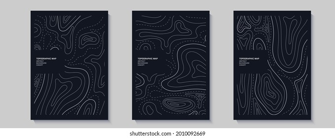 Set of topography flyers. Outline cartography landscape. Collection of three banners with topography relief map. Modern cover design with wavy lines. Vector illustration with weather outline pattern.