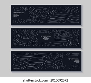 Set of topography flyers. Outline cartography landscape. Collection of three banners with topography relief map. Modern cover design with wavy lines. Vector illustration with weather outline pattern.