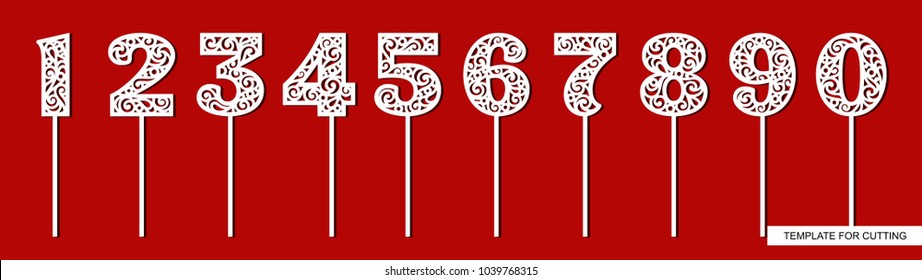 Set of toppers for birthday and anniversary. Number 1 (one), 2 (two), 3 (three), 4 (four), 5 (five), 6 (six), 7 (seven), 8 (eight), 9 (nine), 0 (zero). Template for laser cutting. Vector illustration.